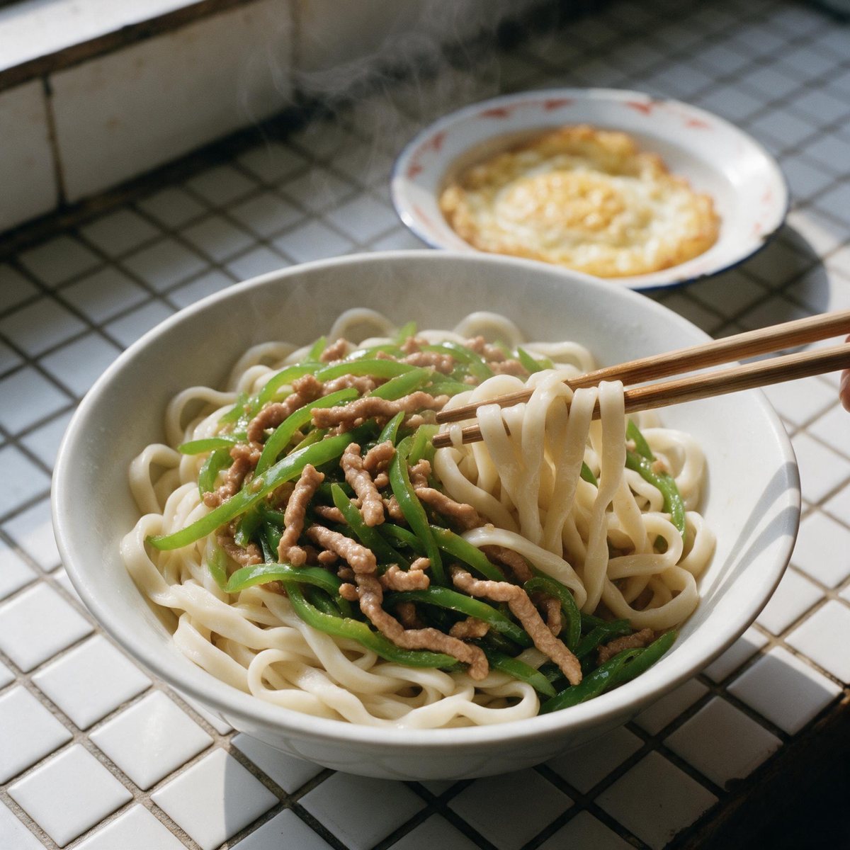 青椒肉丝抻条面，旁边一碟金黄煎蛋