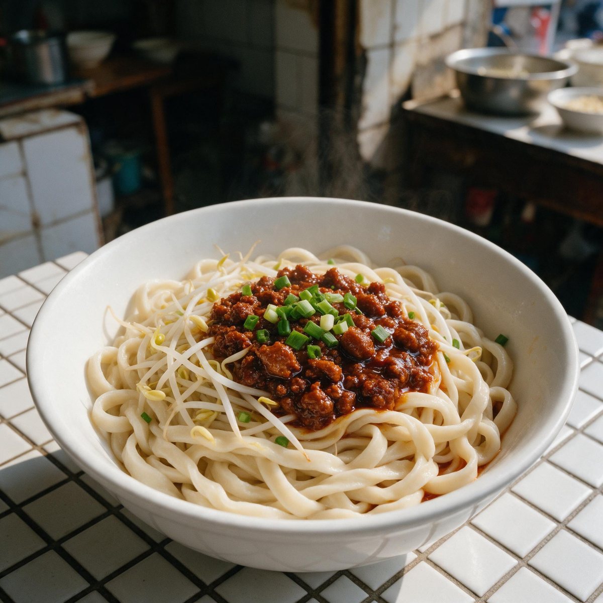 炸酱抻条面：宽面浇红亮炸酱肉臊，配豆芽葱花